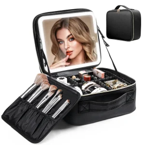 Travel Makeup Bag With LED Lighted Mirror And Adjustable Dividers